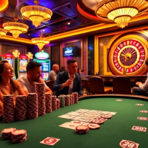 Players enjoying a thrilling poker game at the af88 casino, showcasing vibrant chips and cards.