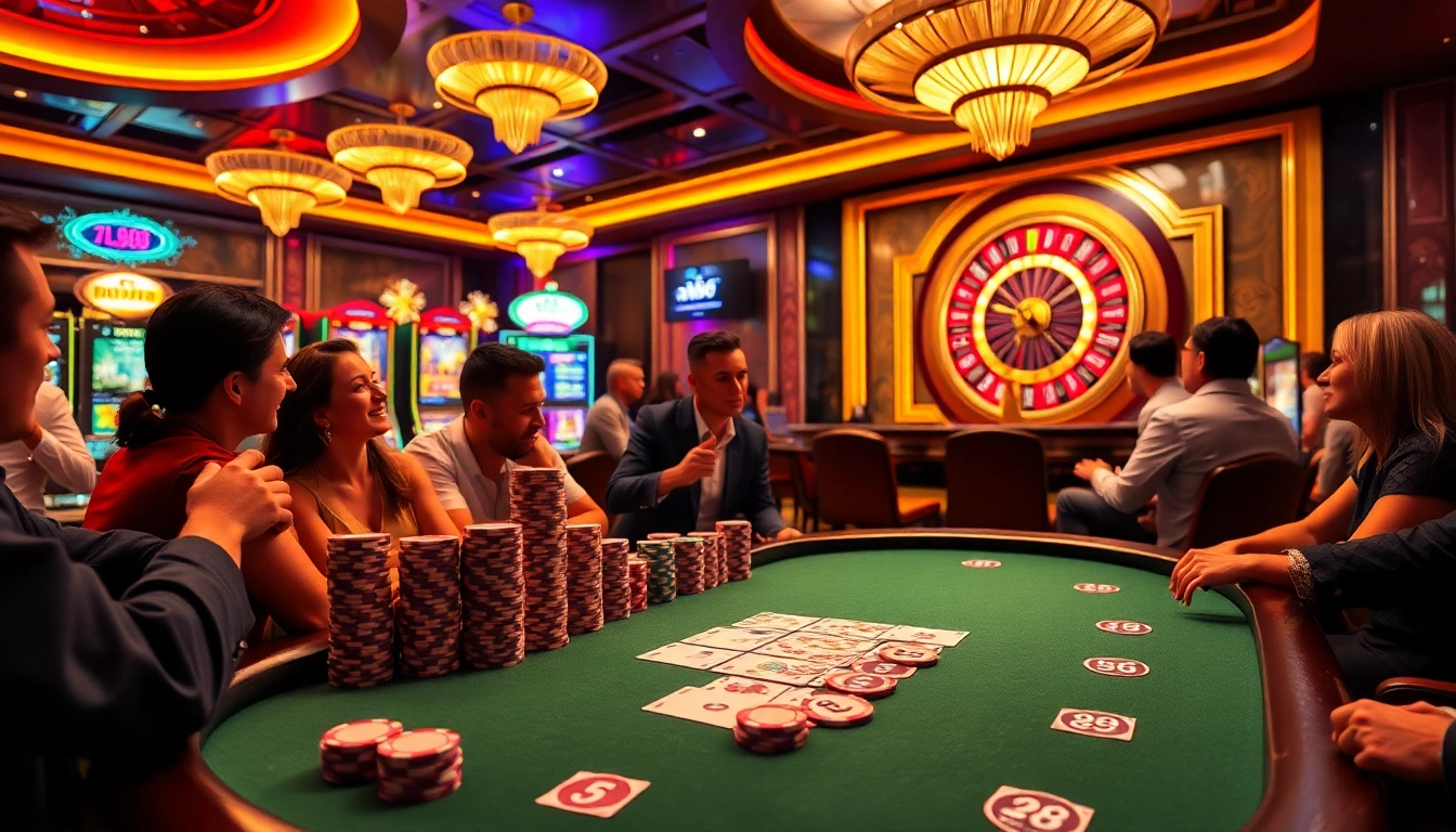 Players enjoying a thrilling poker game at the af88 casino, showcasing vibrant chips and cards.