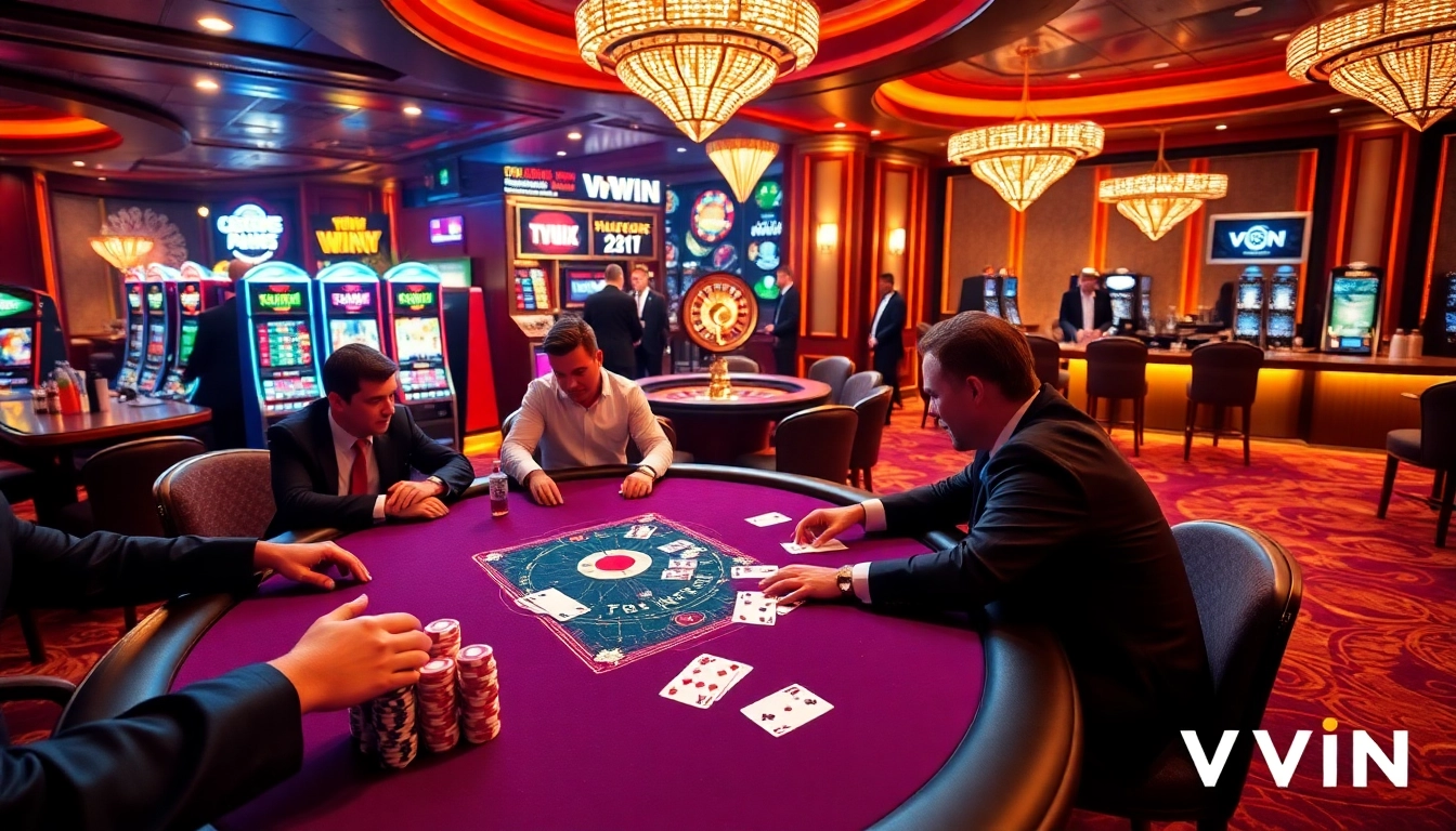 VWIN players enjoying an exciting moment at a professional poker table with chips.