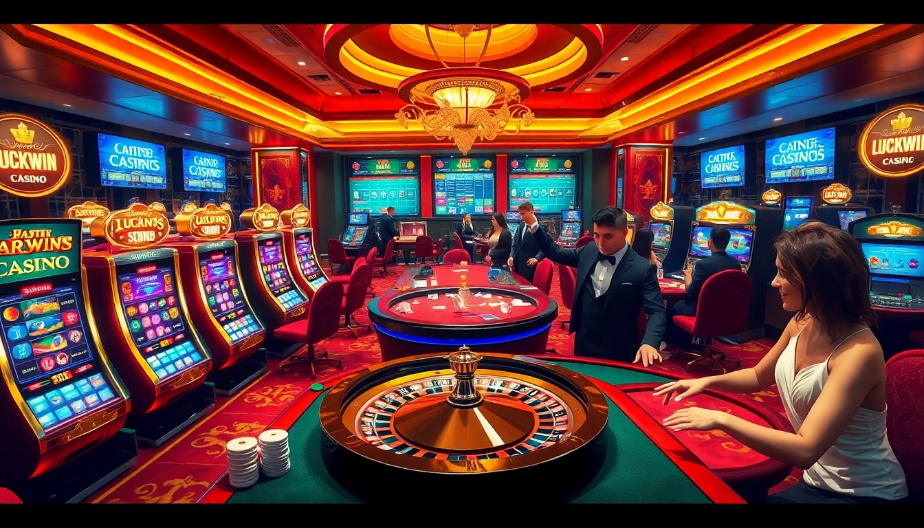 LUCKYWIN players enjoying the excitement of casino gaming with vibrant slot machines and poker tables.