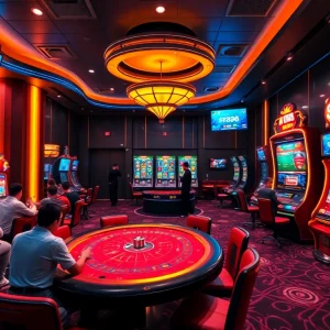 Dynamic gaming scene at K88 casino featuring live betting and vibrant slot machines.