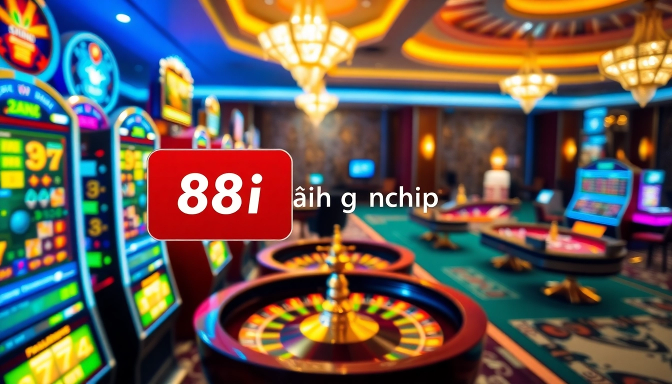 An exciting online casino interface highlighting 88i đăng nhập amidst vibrant slot machines and poker tables.