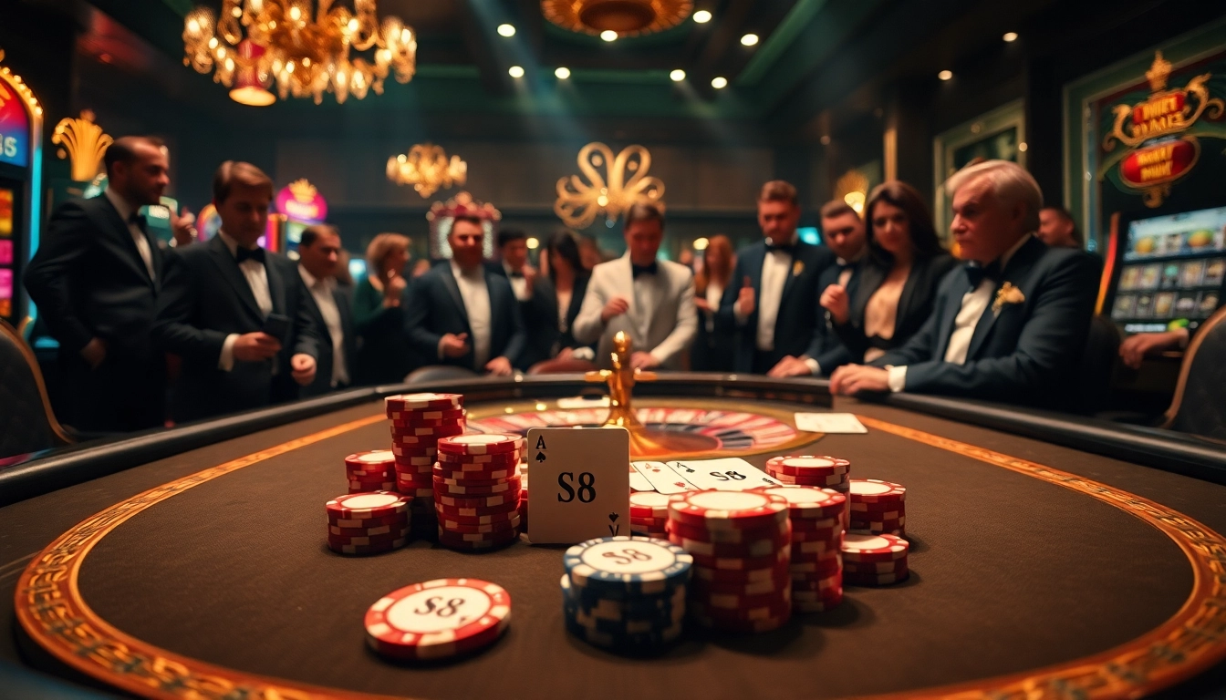 S8 branded poker chips and playing cards on an elegant casino poker table.