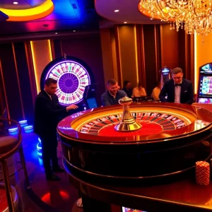 Luckwin casino scene displaying roulette wheel and slot machines in vibrant lights.