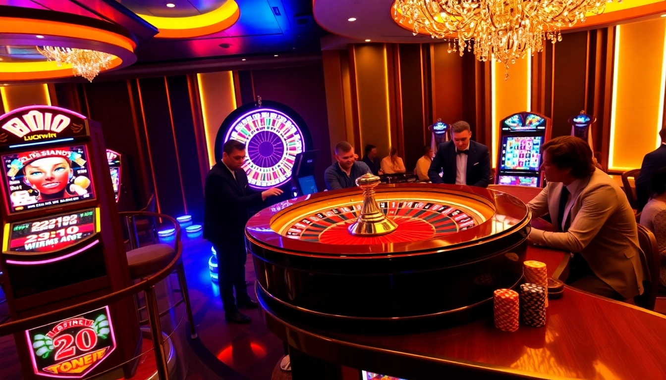 Luckwin casino scene displaying roulette wheel and slot machines in vibrant lights.
