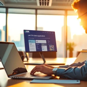 Engaging in the uk eta online application process in a vibrant office setting.