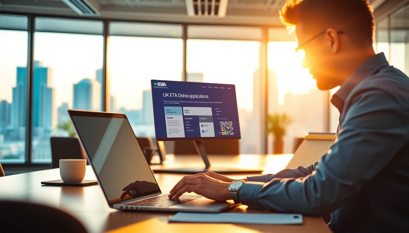 Engaging in the uk eta online application process in a vibrant office setting.