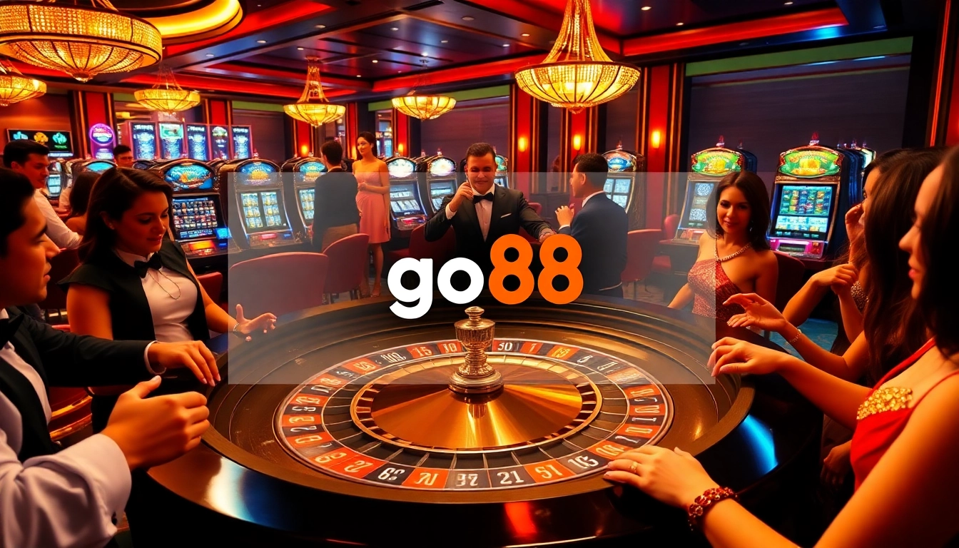 Excited players at a vibrant casino table enjoying go88 themed games with roulette and poker chips.