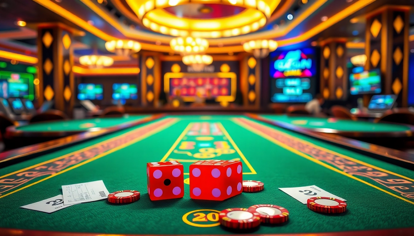 Players enjoying the thrilling game tài xỉu md5 at a luxurious casino table surrounded by vibrant chips and dice.