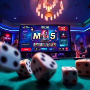 Tài xỉu MD5 online gaming scene with dice rolling and vibrant graphics.