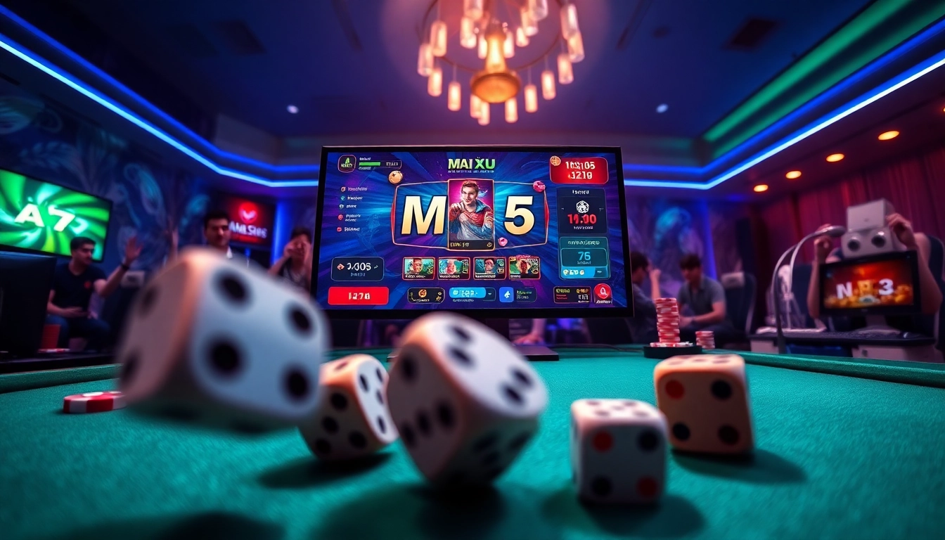 Tài xỉu MD5 online gaming scene with dice rolling and vibrant graphics.