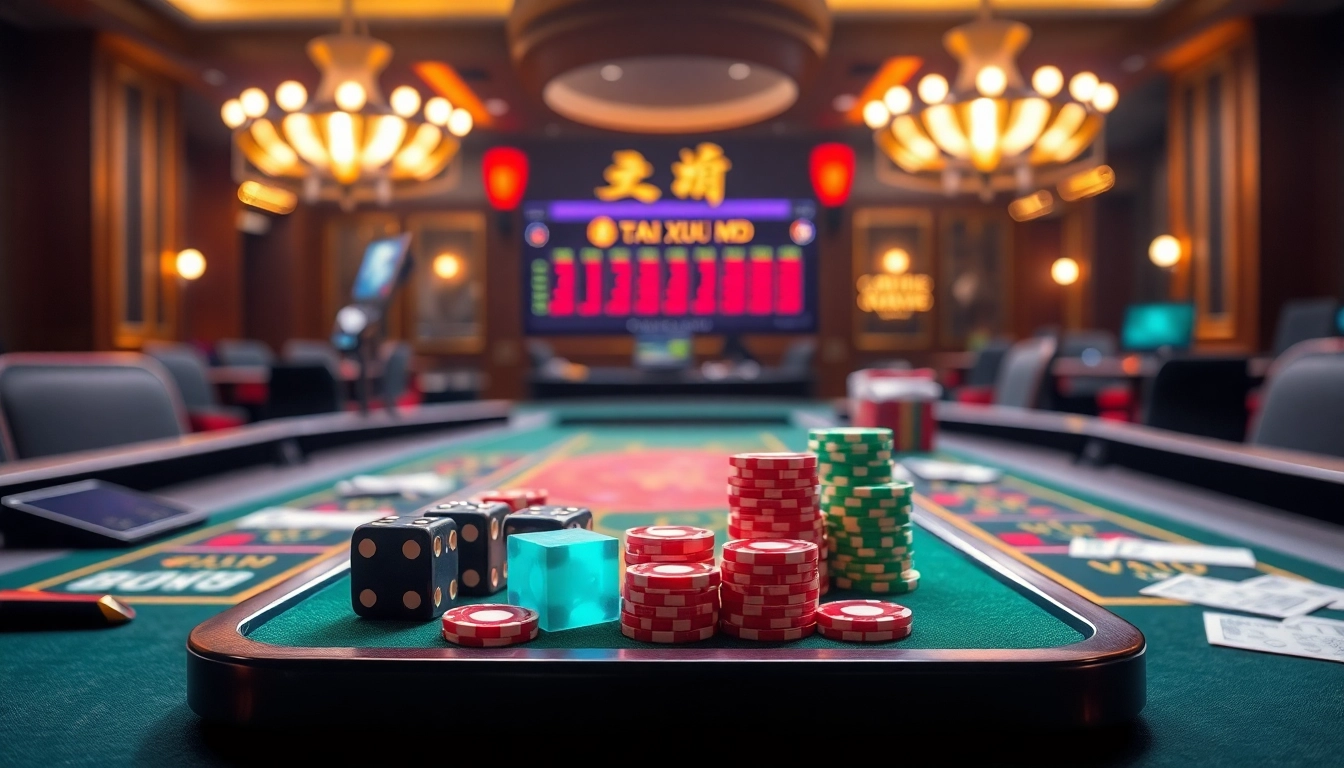 Tai Xỉu MD5 gaming table setup featuring vibrant dice and modern betting interface.