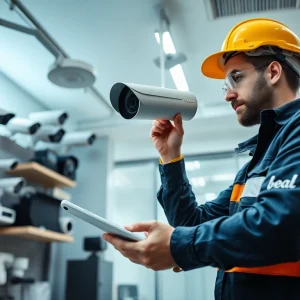 Soporte técnico en cámaras de seguridad con un técnico instalando equipo de alta tecnología.
