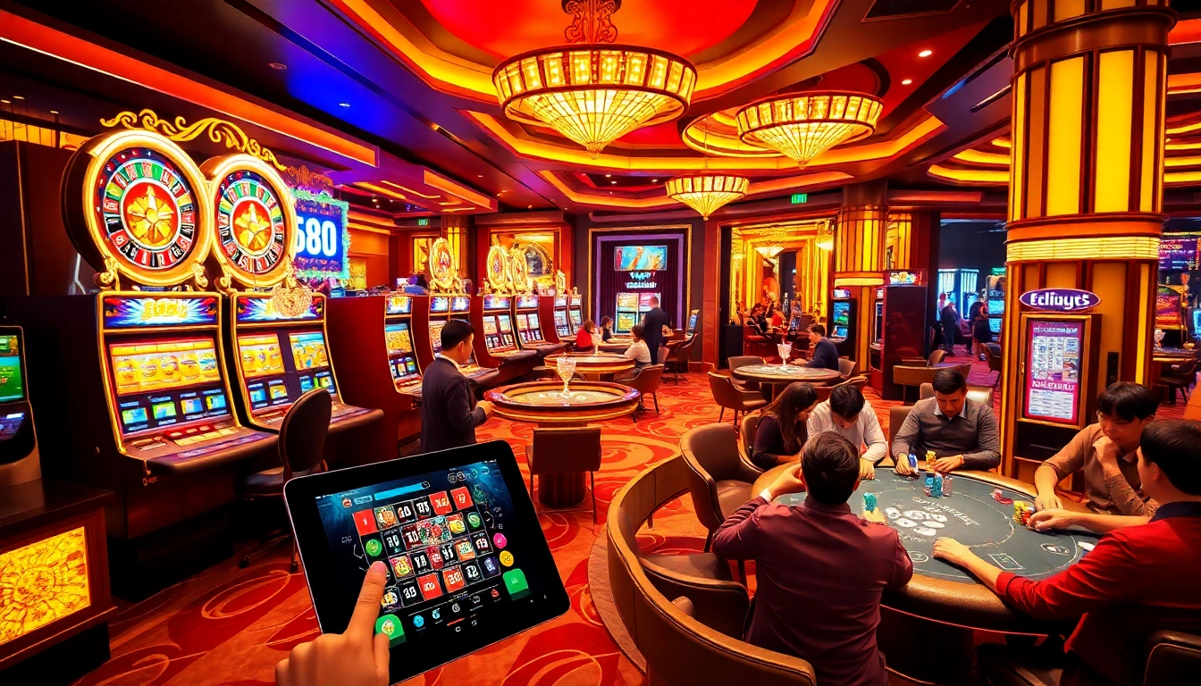 NHÀ CÁI TT88 players excitement at a casino, featuring poker tables and slot machines.
