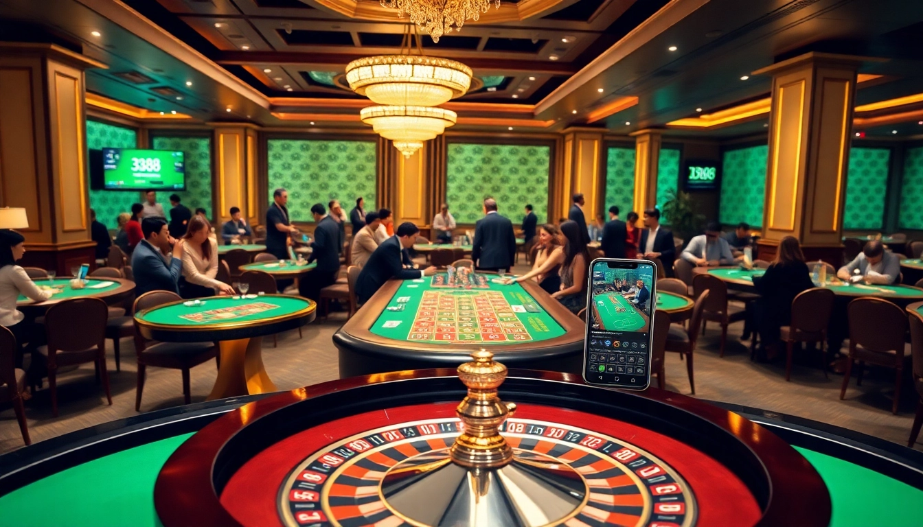 Exciting online gambling scene at BJ88 showcasing casino tables, poker chips, and mobile gaming
