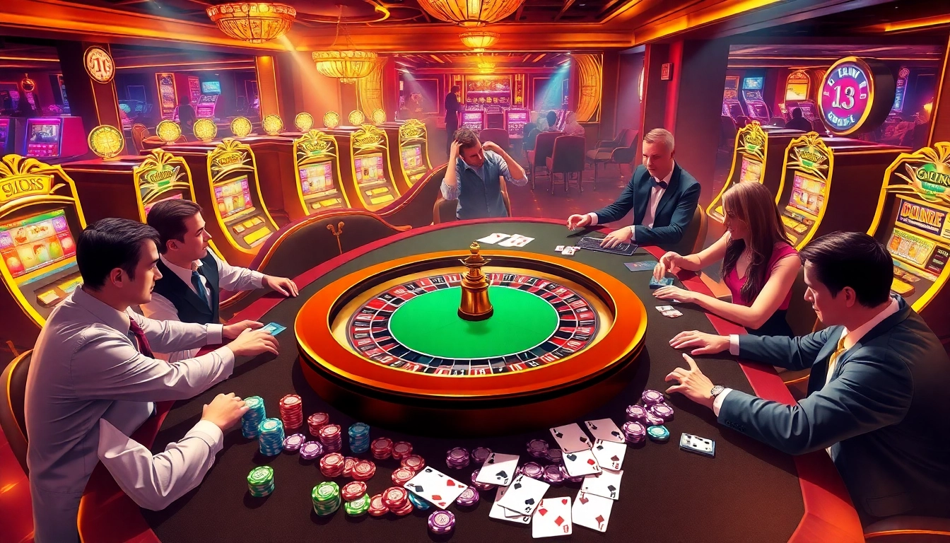 Experience the thrill of 13win at a luxurious casino featuring roulette, poker, and lively players.