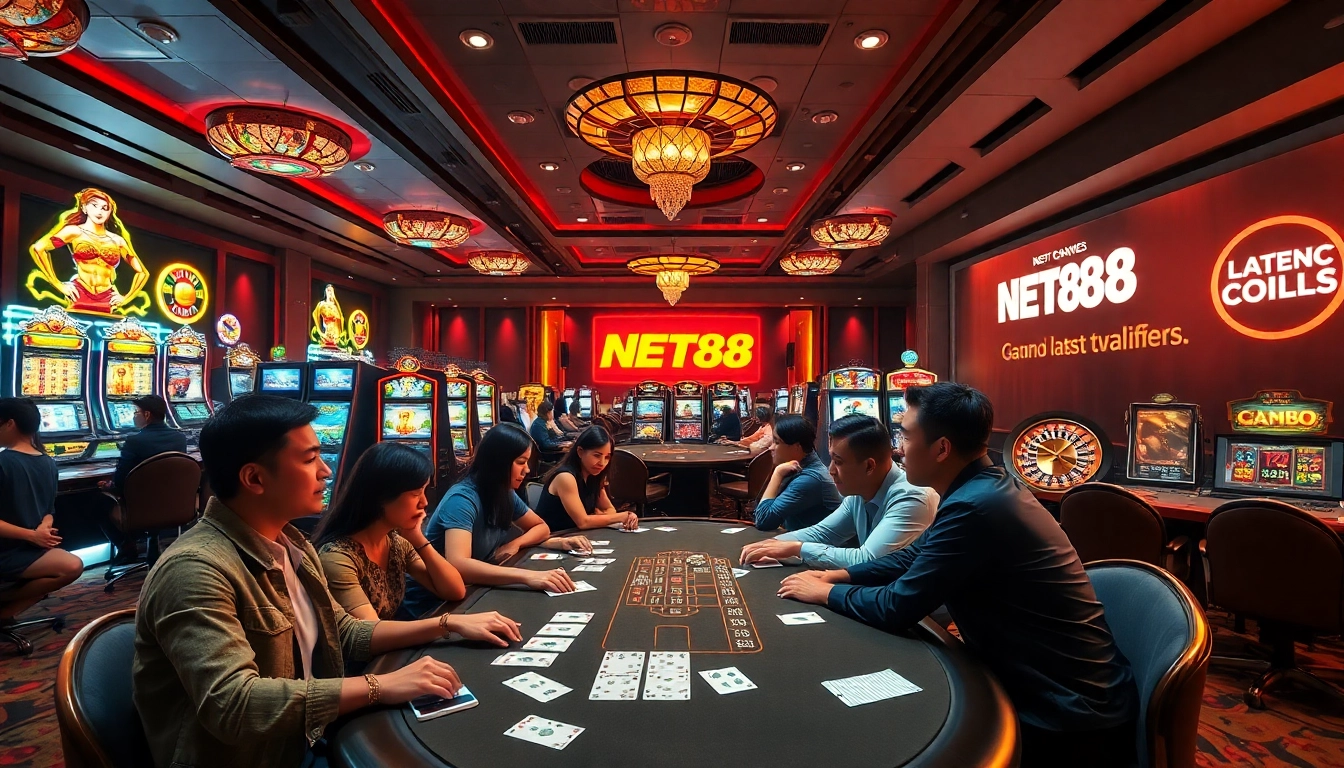 A thrilling gaming scene at NET88 showcasing engaged players at poker and vibrant slot machines.