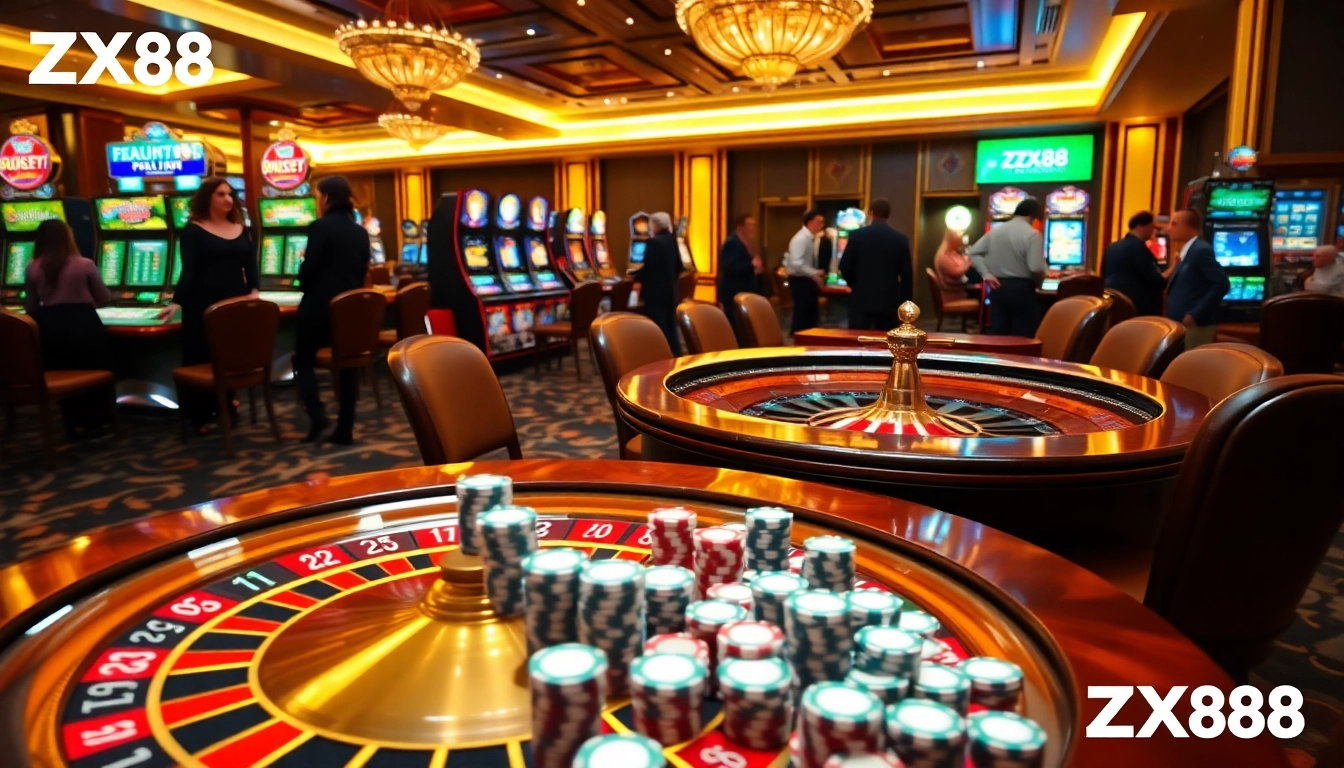 Experience the excitement of ZX88 casino with vibrant slot machines and a roulette table.
