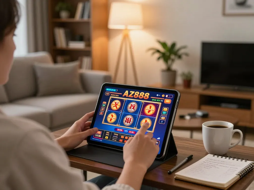 Engaging player enjoying AZ888 online casino games on tablet in cozy home setting