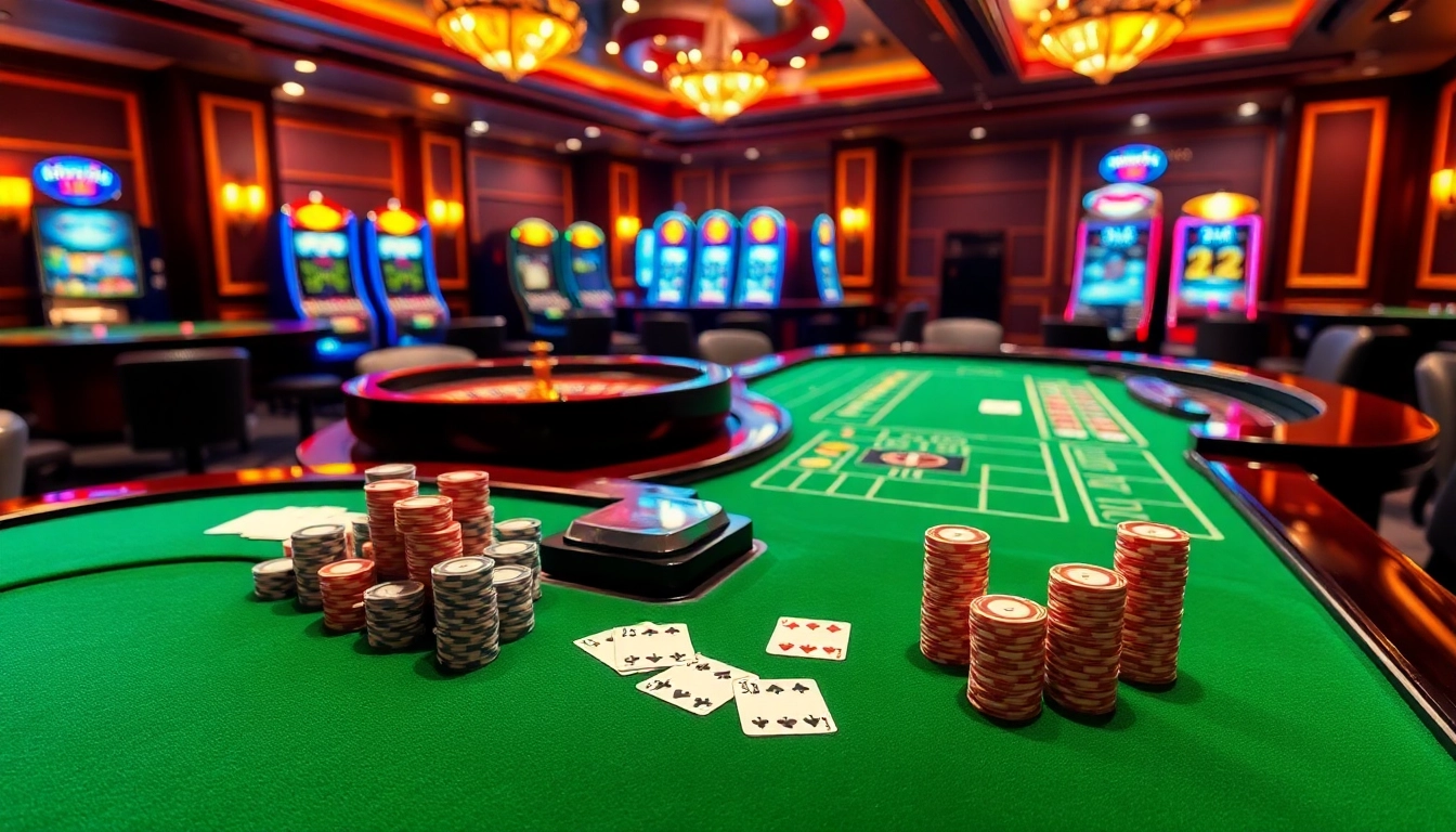 Experience thrilling gameplay at sunwin with vibrant casino tables, poker chips, and roulette wheels.