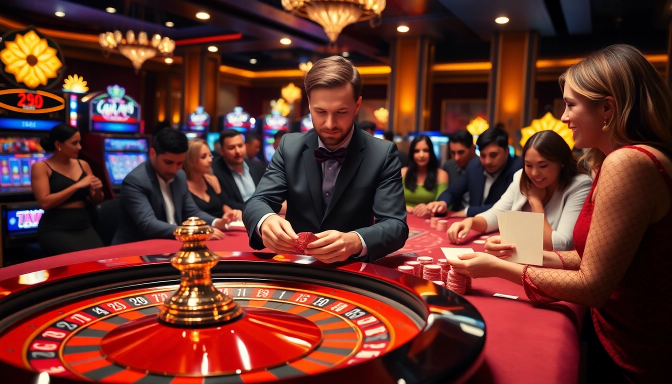 A lively casino scene featuring roulette and poker action at 888new, portraying excitement and professionalism.