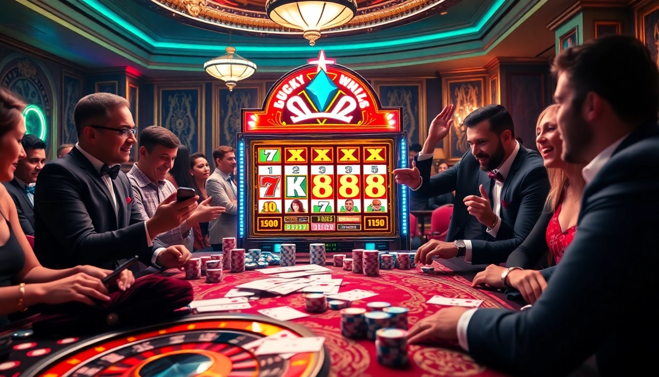 Players enjoying the LUCKY88 slot machine in a luxurious casino atmosphere.