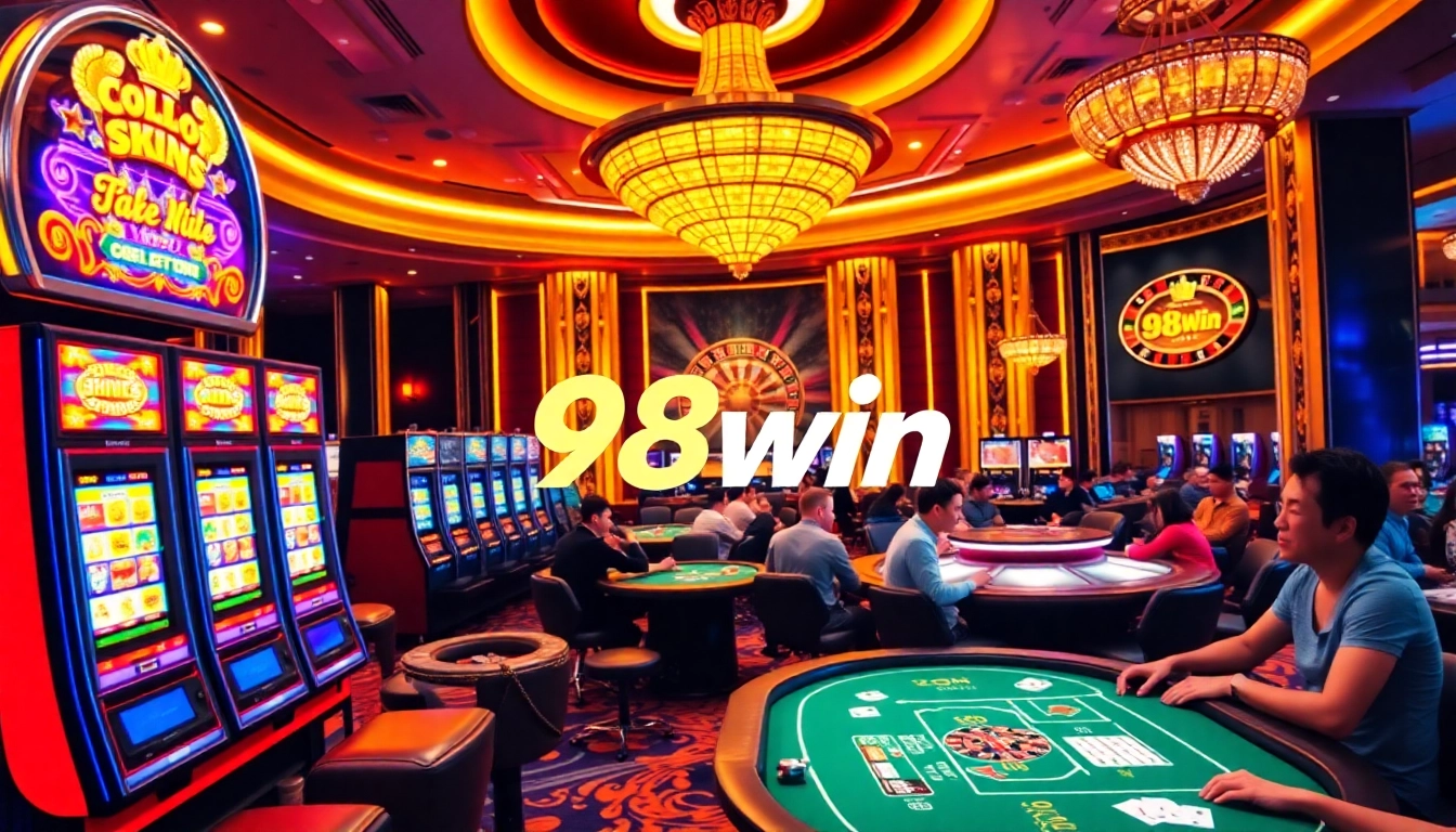 Exciting gambling scene at 98win with slot machines, poker tables, and vibrant casino atmosphere.