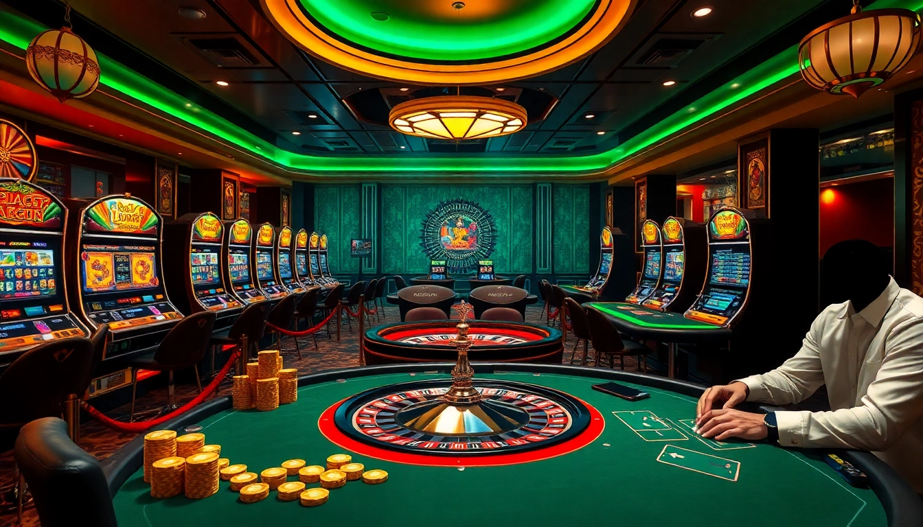 Exciting gaming action at Luck8 casino featuring vibrant slot machines and poker tables.