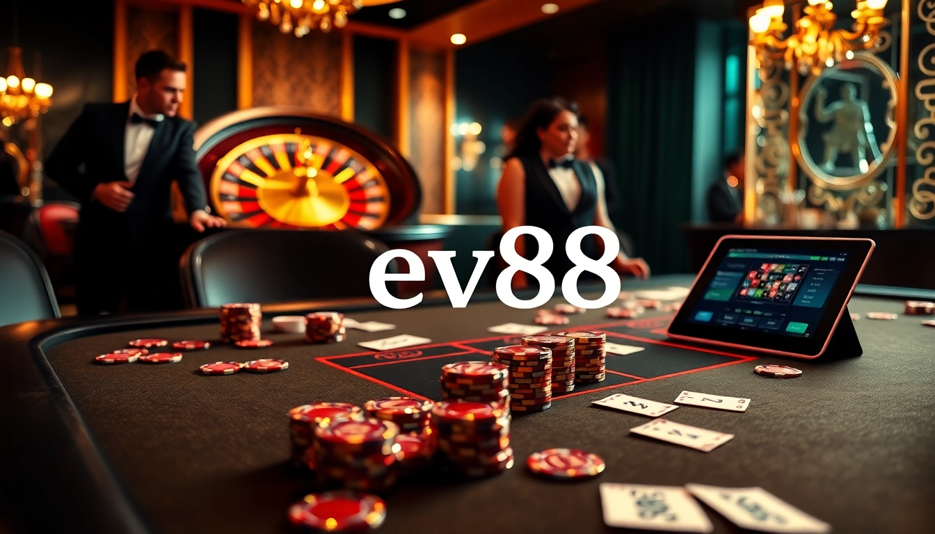 Join the excitement at ev88 with a luxurious poker table and roulette wheel.