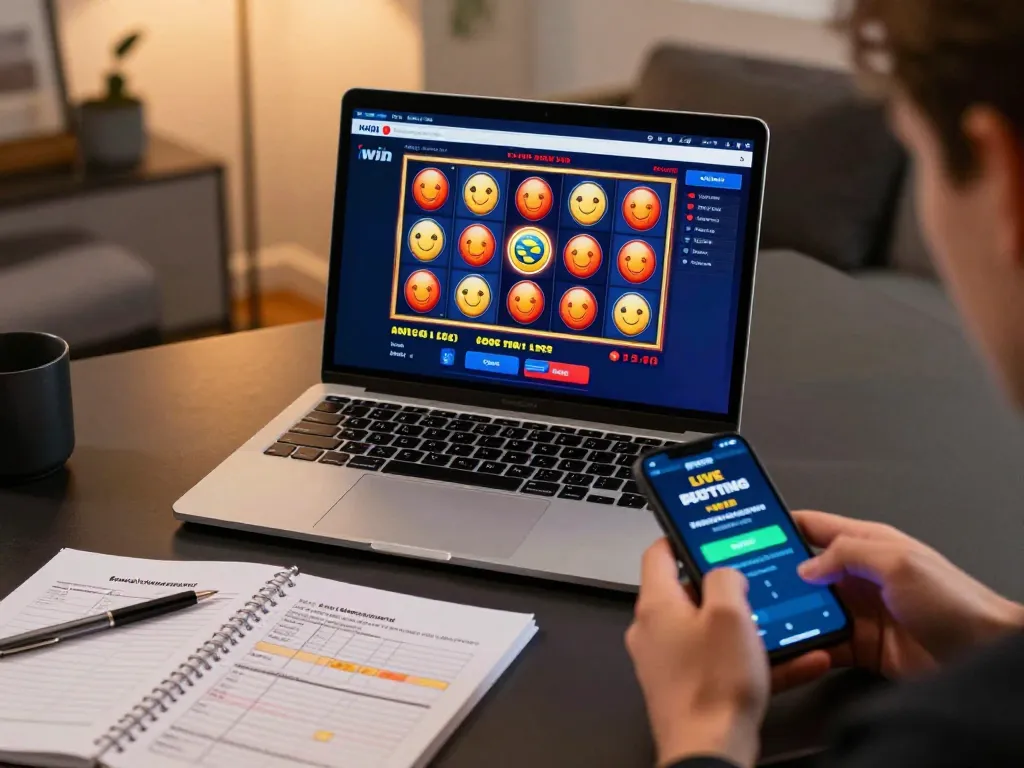 Iwin online gaming setup showcasing a laptop displaying colorful slots and a smartphone for live betting.