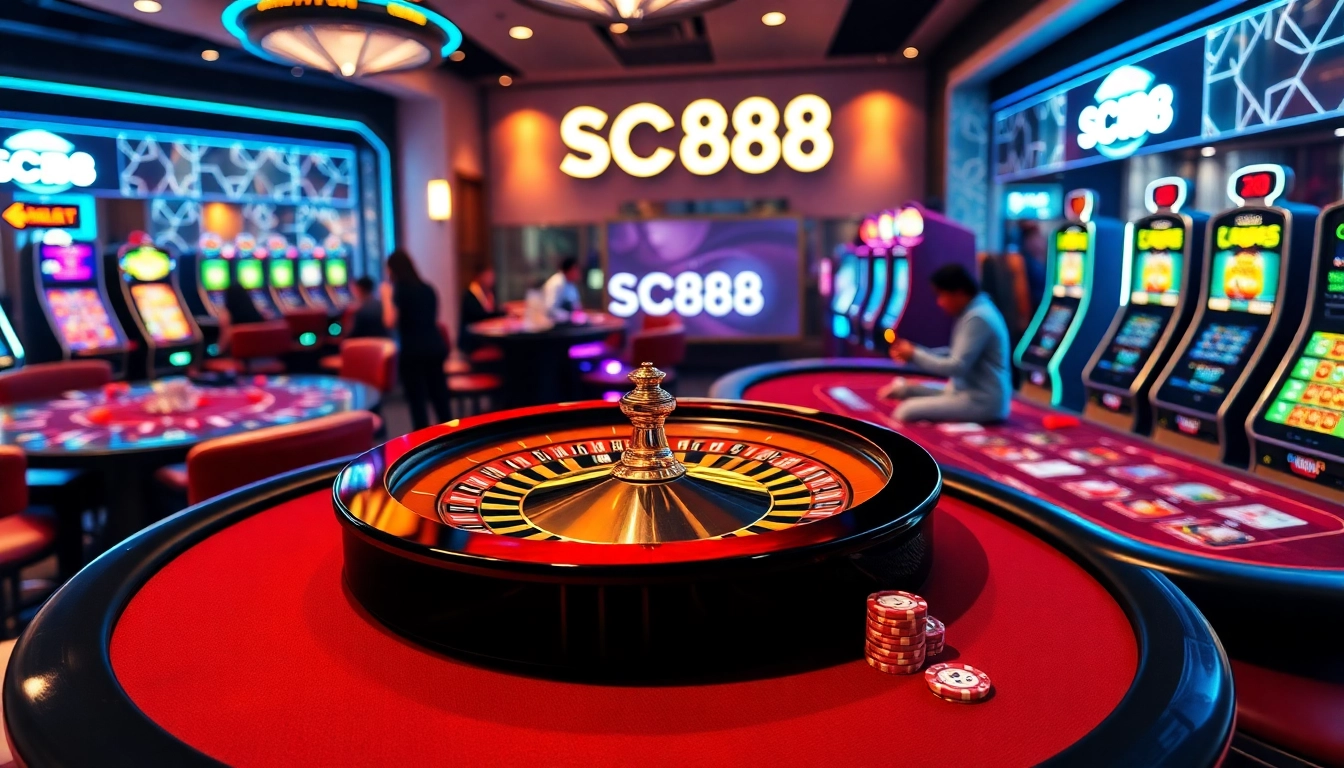Engage with the vibrant SC88 chính thức online casino experience featuring roulette, poker tables, and a digital interface.