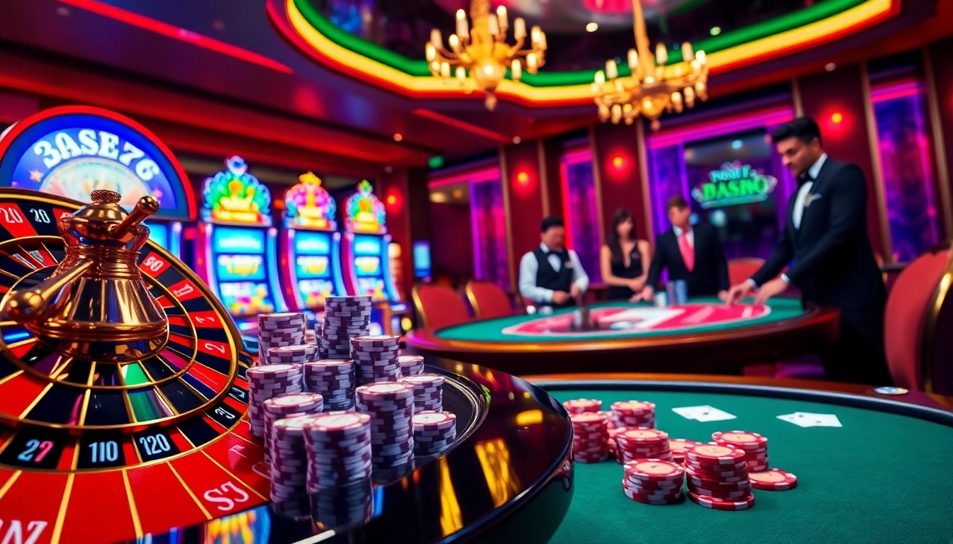 Exciting max88 casino scene showcasing vibrant roulette wheel and poker chips.