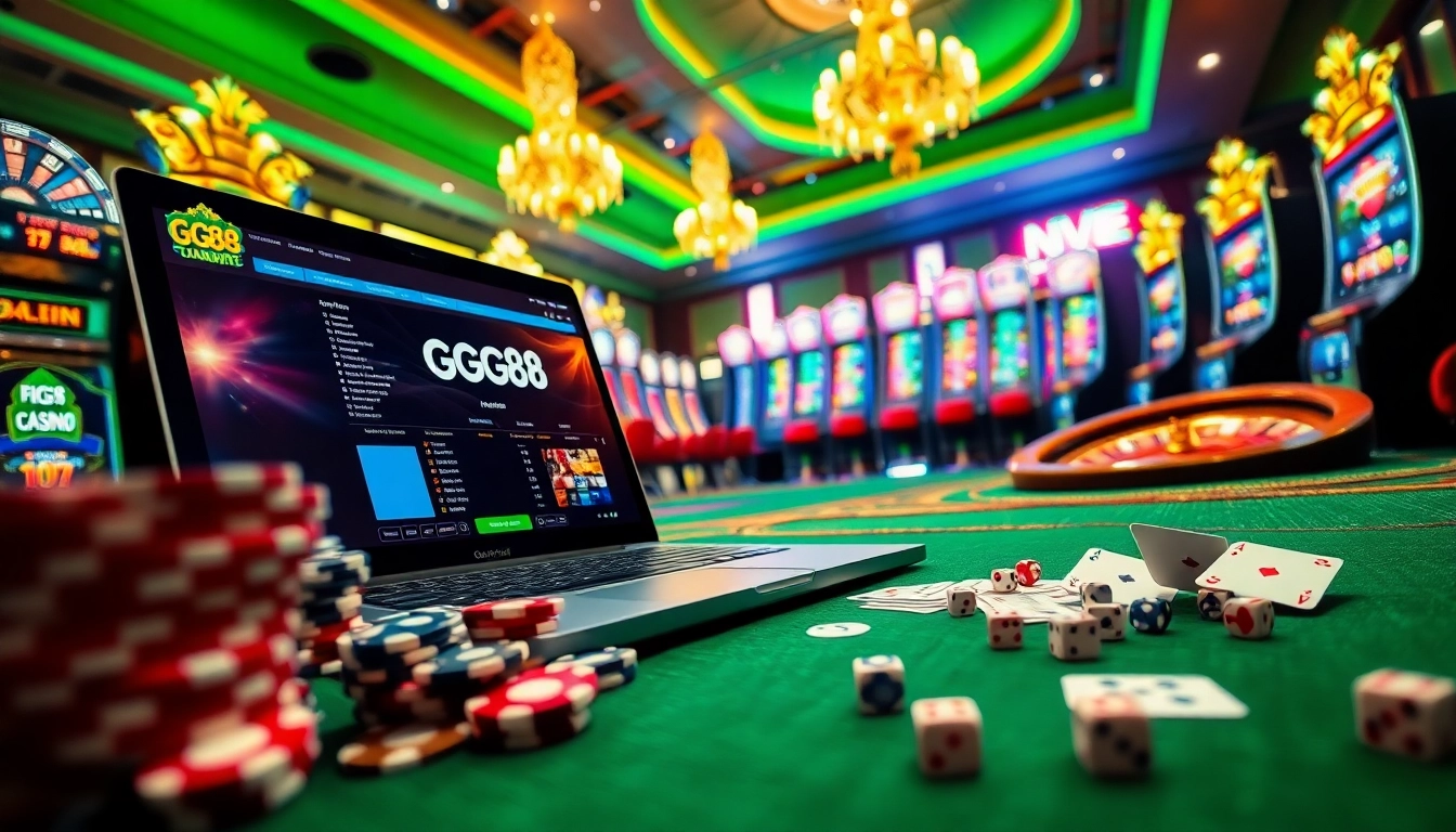 GG88 casino enthusiasts engaging with a luxurious online gambling interface surrounded by vibrant gaming elements.