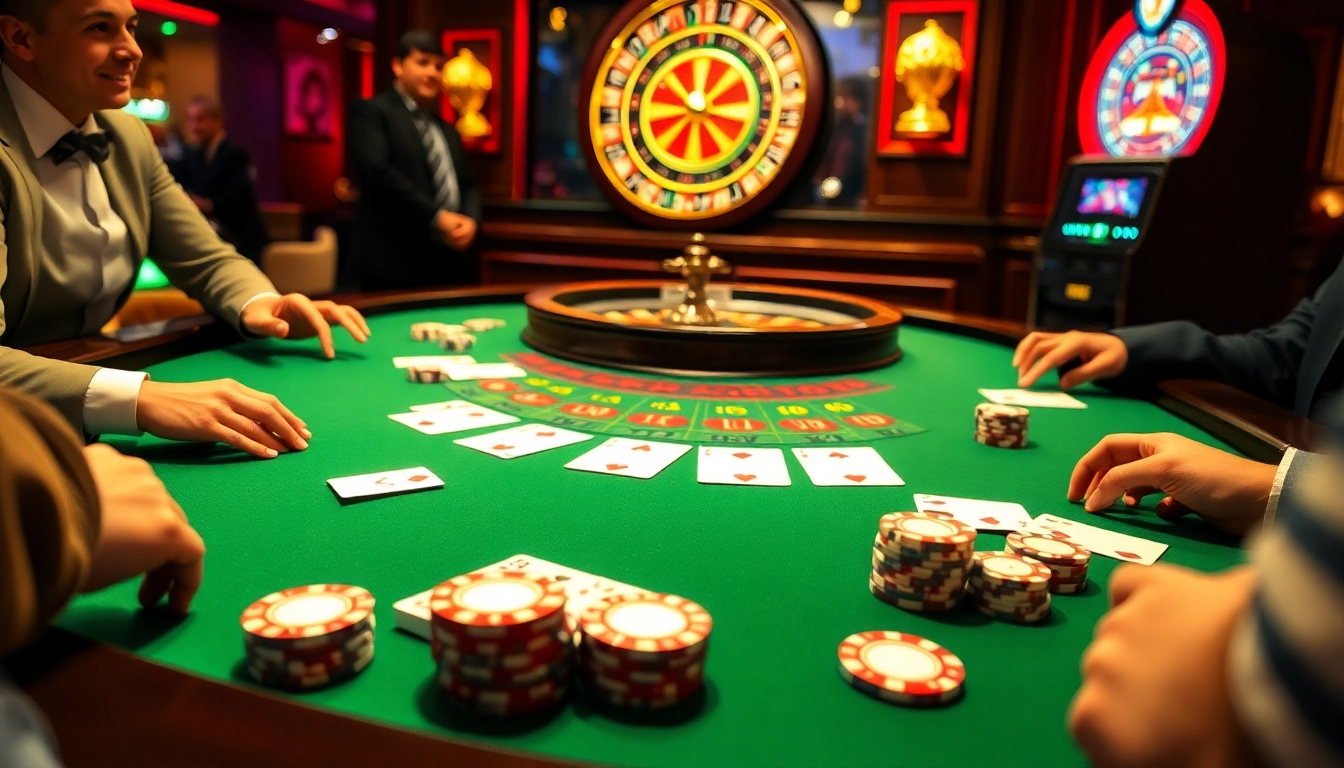 Players enjoying blackjack at King79's luxury casino table, surrounded by vibrant colors and excitement.