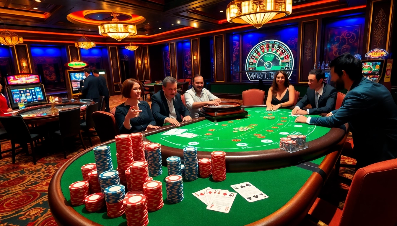 Players enjoying a poker game at CN3789 casino, surrounded by vibrant chips and a glowing atmosphere.