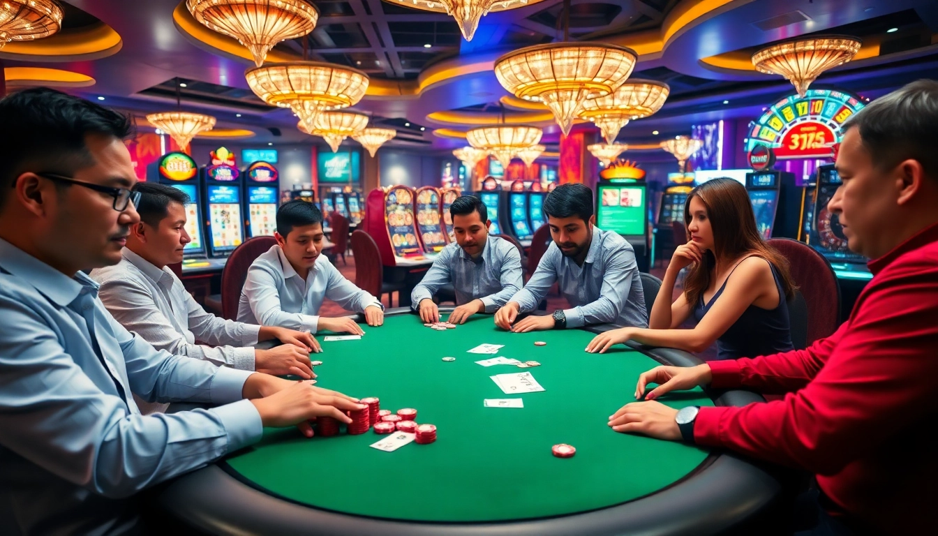Experience excitement at 888VND with a luxurious casino setting showcasing poker and slot machines.