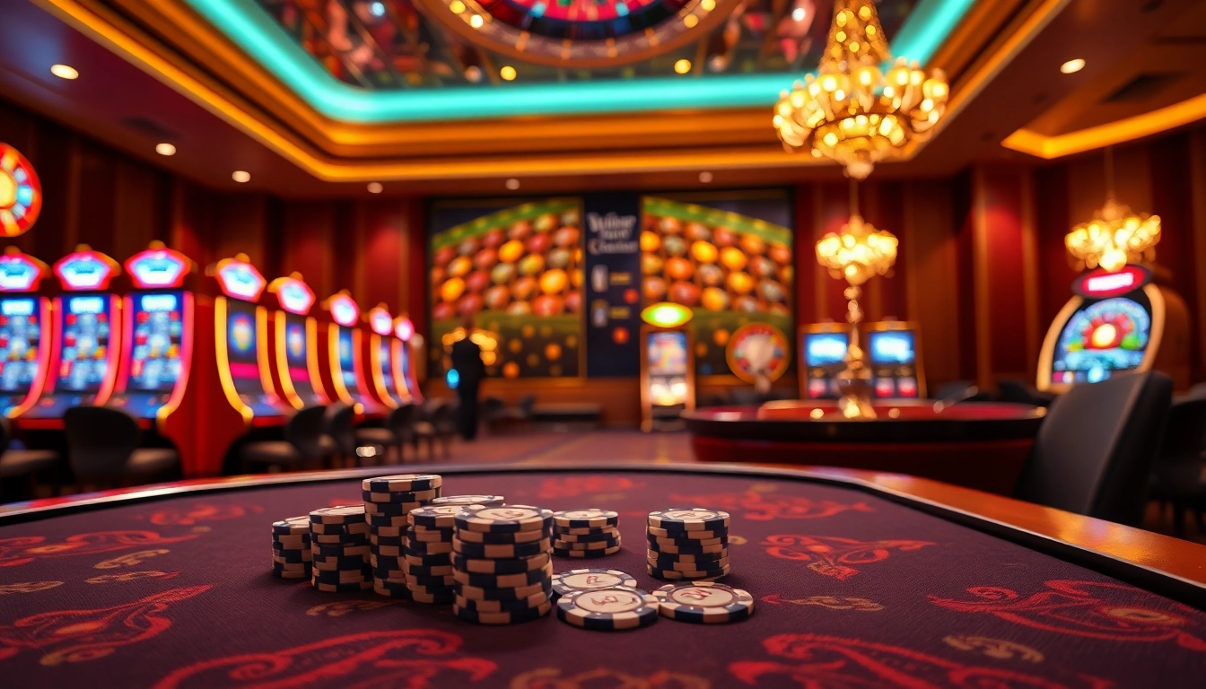 An exciting gambling scene at Nhà Cái Win55 featuring luxury casino tables, poker chips, and vibrant slot machines.